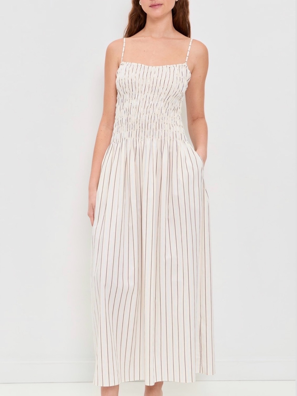 Faithfull the Brand Cream Striped Smocked Maxi Jumpsuit